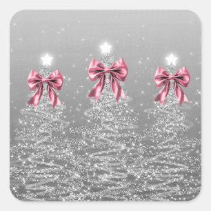 Christmas Sparkling Trees Silver Faux Pink Bow  Square Sticker