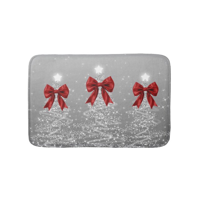 Christmas Sparkling Trees Silver Faux Red Bow  Bath Mat (Front)