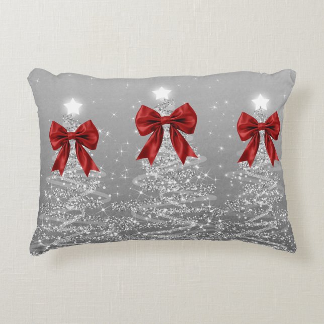 Christmas Sparkling Trees Silver Faux Red Bow  Decorative Cushion (Front)