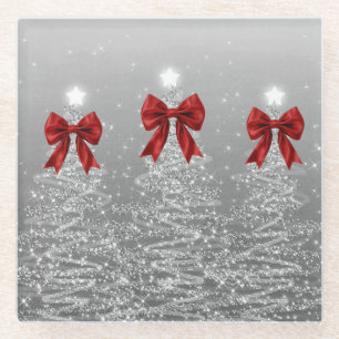 Christmas Sparkling Trees Silver Faux Red Bow  Glass Coaster