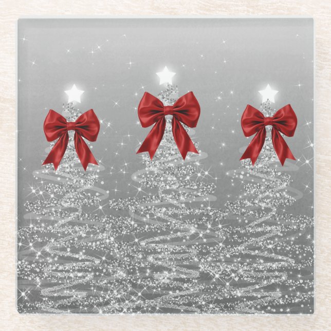 Christmas Sparkling Trees Silver Faux Red Bow  Glass Coaster (Front)