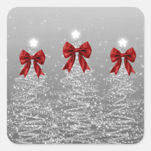 Christmas Sparkling Trees Silver Faux Red Bow Square Sticker