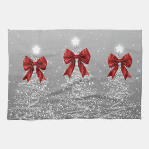 Christmas Sparkling Trees Silver Faux Red Bow  Tea Towel