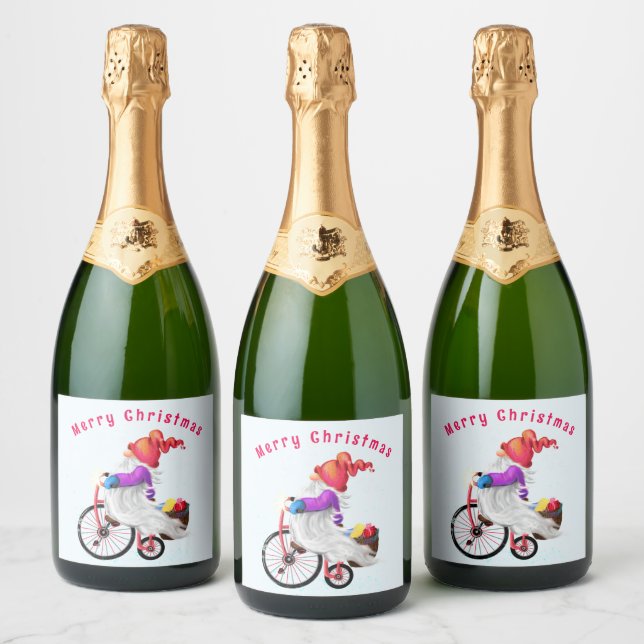 Christmas Sparkling Wine Label Gnome with Bike (Bottles)