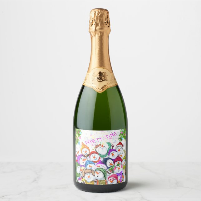 Christmas Sparkling Wine Label Happy Snowman Party (Front)