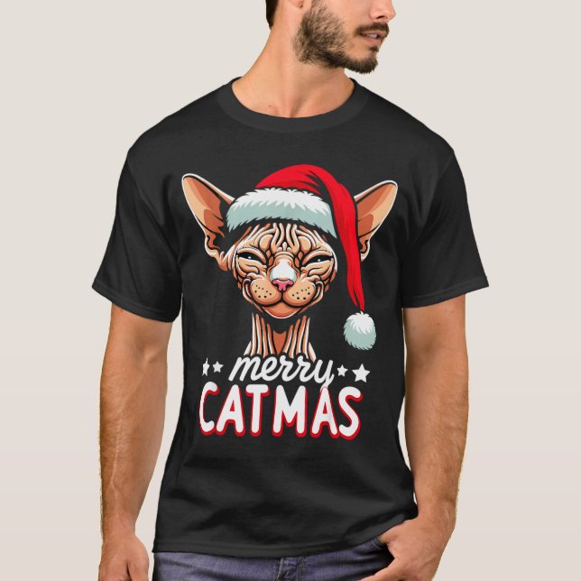 Christmas Sphynx Cat Merry Catmas Santa Hat Xmas  T-Shirt (Front)