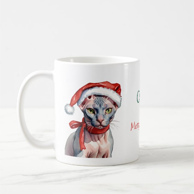 Christmas Sphynx cat Watercolor Coffee Mug (Left)