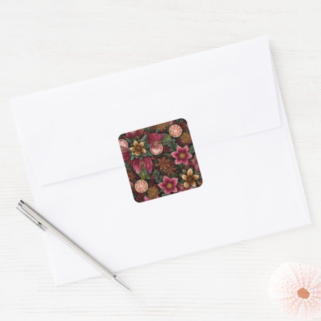 Christmas Spice & Floral Botanical Pattern Square Sticker (Envelope)