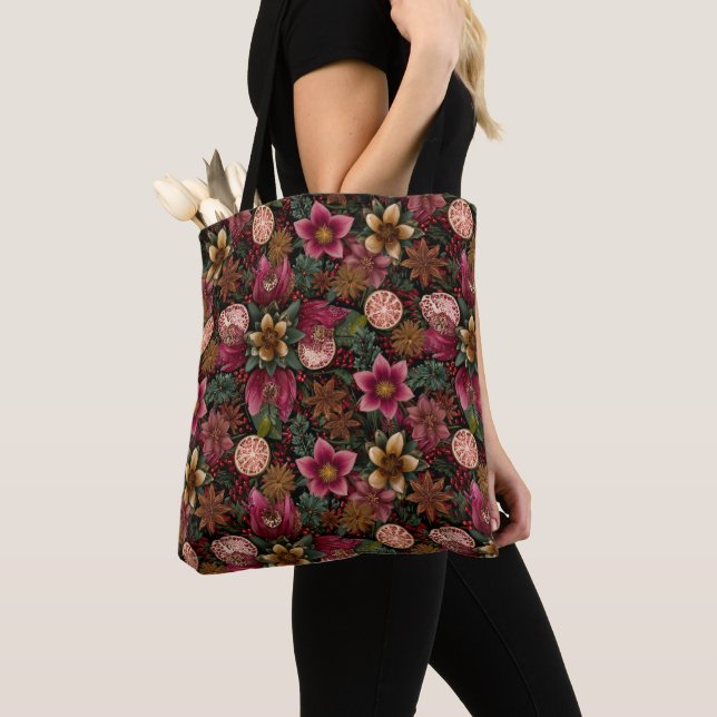 Christmas Spice & Floral Botanical Pattern Tote Bag (Close Up)