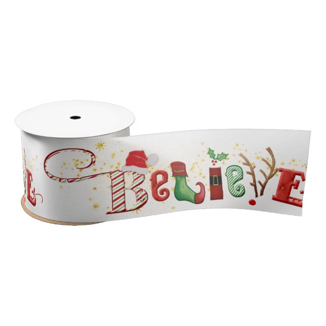 Christmas Spirit BELIEVE Cute Festive Satin Ribbon (Spool)