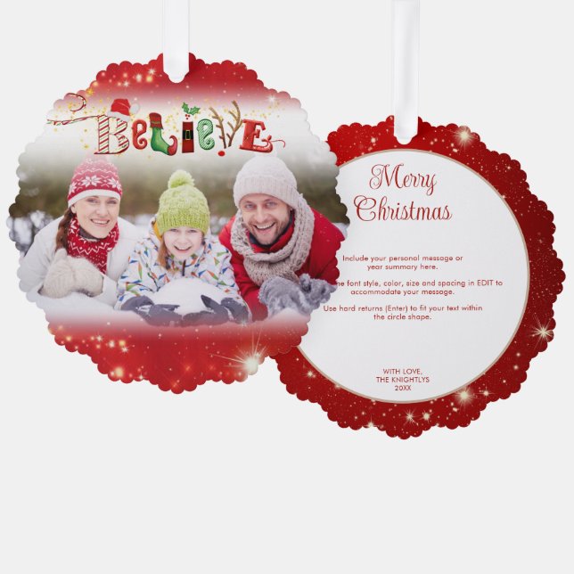 Christmas Spirit BELIEVE Photo Year Highlights Red Tree Decoration Card (Front/Back)