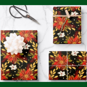 Christmas Spirit Floral Red Green Gold  Wrapping Paper Sheet