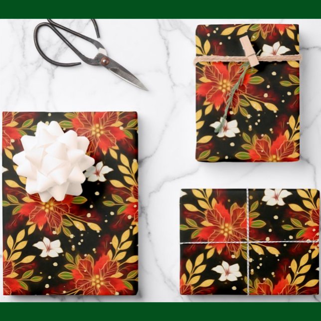 Christmas Spirit Floral Red Green Gold  Wrapping Paper Sheet (Creator Uploaded)
