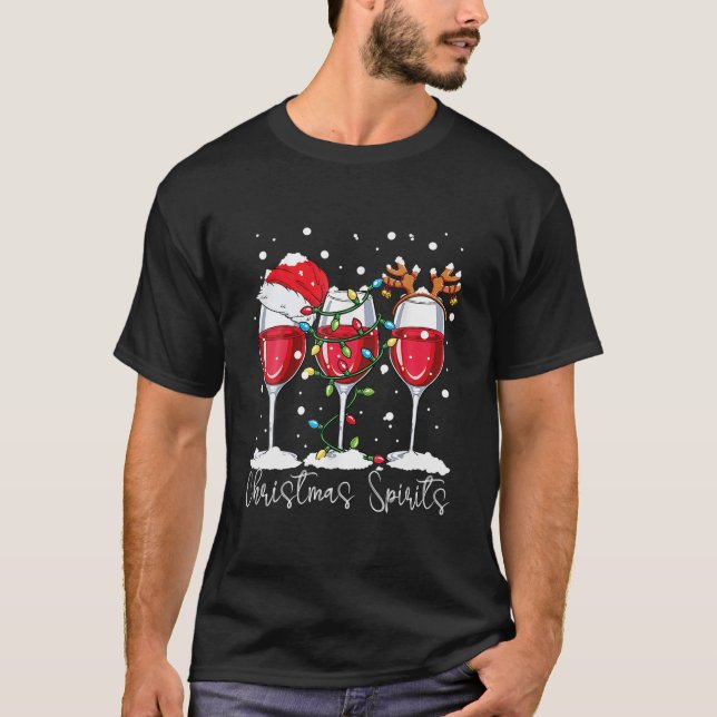 Christmas Spirits Funny Glasses Of Wine Santa Hat T-Shirt (Front)