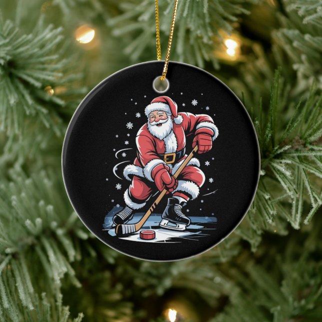 Christmas Sports Santa Plays Ice Hockey Xmas  Ceramic Tree Decoration (Tree)