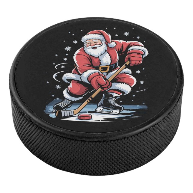 Christmas Sports Santa Plays Ice Hockey Xmas  Hockey Puck (3/4)