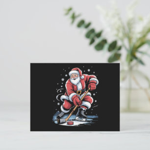 Christmas Sports Santa Plays Ice Hockey Xmas  Holiday Postcard