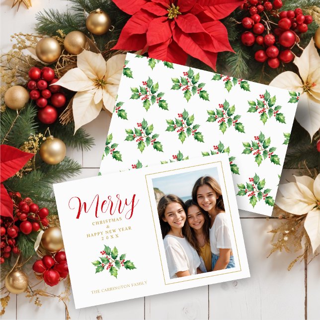 Christmas Sprig Holly Leaves Red Berries Photo Holiday Card (Christmas Sprig Holly Green Leaves & Red Berries Photo Holidays Cards. )