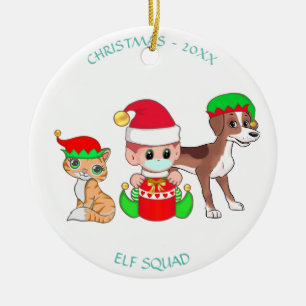 Christmas squad, baby elf, cat & dog ceramic tree decoration