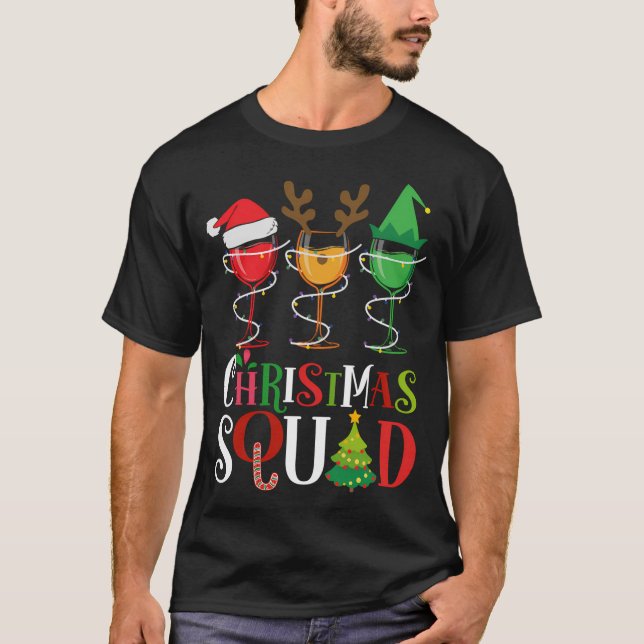Christmas Squad Funny Wine Lovers Santa Hat Reinde T-Shirt (Front)