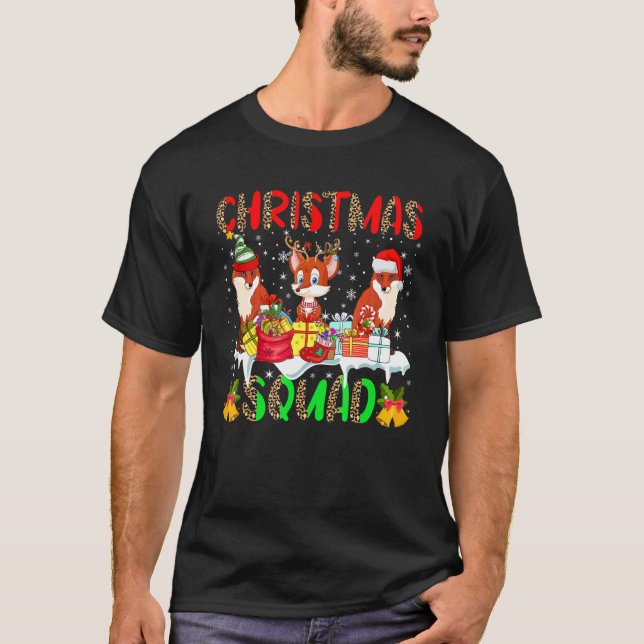 Christmas Squad Leopard Three Santa Reindeer Elf F T-Shirt (Front)