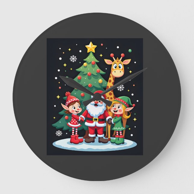 Christmas Squad Santa Giraffe Elf Dabbing Matching Large Clock (Front)