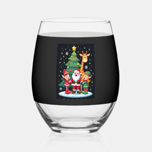 Christmas Squad Santa Giraffe Elf Dabbing Matching Stemless Wine Glass