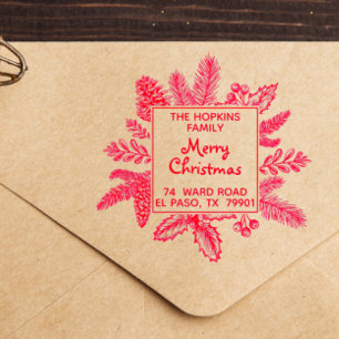 Christmas Square Wreath Family Name Return Address Self-inking Stamp