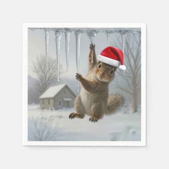 Christmas Squirrel Hanging From an Icicle Napkin (Front)
