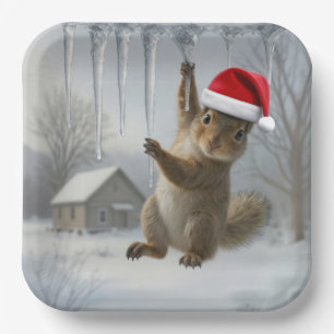 Christmas Squirrel Hanging From an Icicle Paper Plate