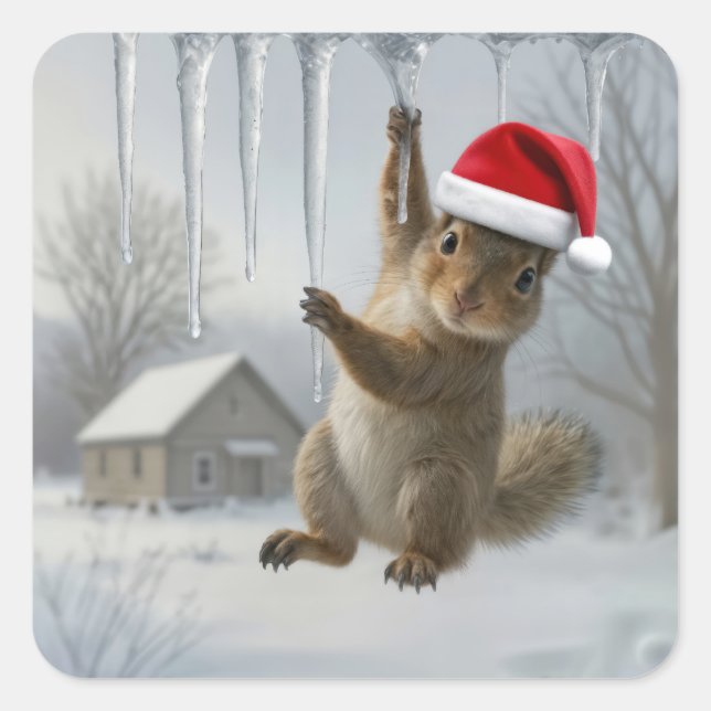 Christmas Squirrel Hanging From an Icicle Square Sticker (Front)