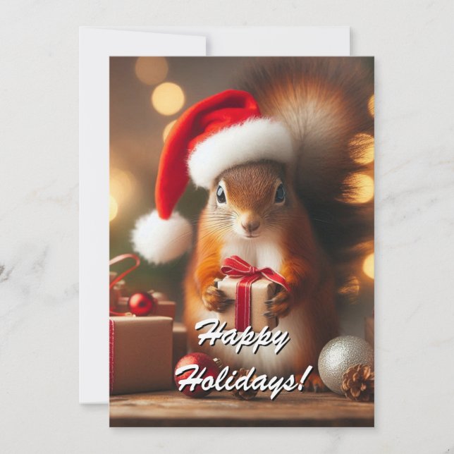 Christmas Squirrel Holding Gift Customisable Card (Front)