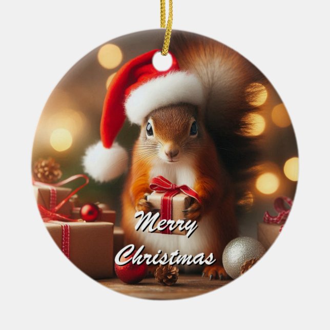 Christmas Squirrel Holding Ornament Customisable (Front)