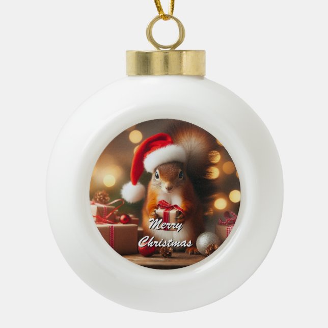 Christmas Squirrel Holding Ornament Customisable (Front)