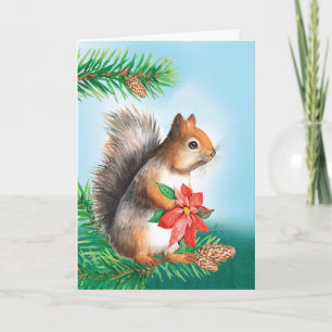 Christmas Squirrel Holding Poinsettia Flower Card