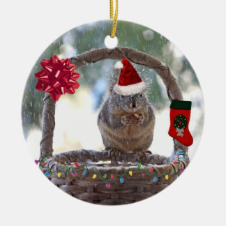 Christmas Squirrel in Snowy Basket Ceramic Tree Decoration