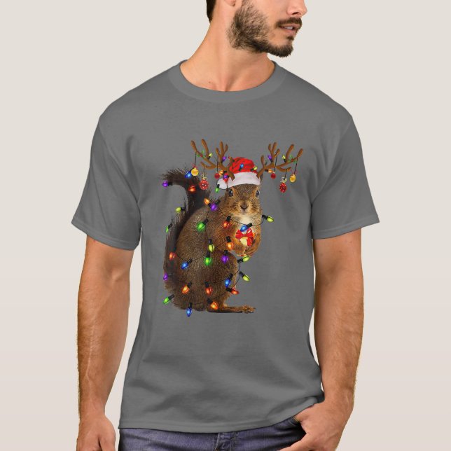 Christmas Squirrel Lights Squirrel Reindeer Funny T-Shirt (Front)