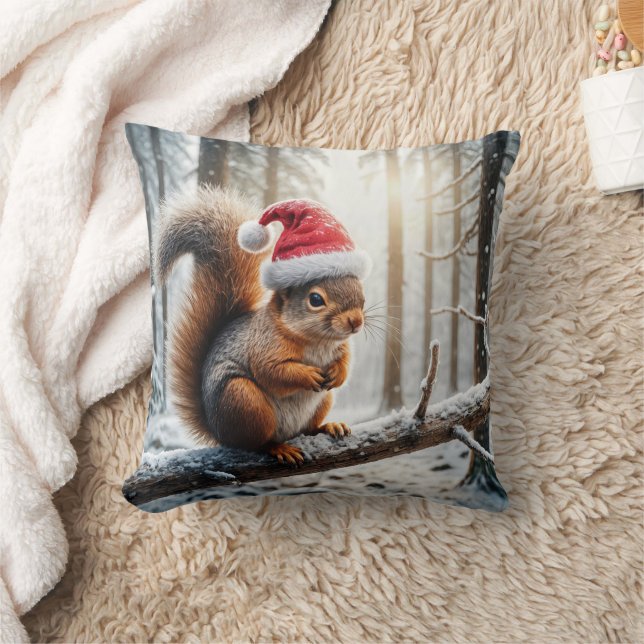 Christmas Squirrel On Snowy Tree Branch Cushion (Blanket)