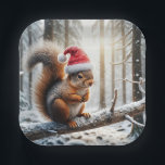 Christmas Squirrel On Snowy Tree Branch Paper Plate<br><div class="desc">A squirrel wearing a Santa hat is perched on a snow-covered branch in a wintry forest,  with sunlight filtering through the trees</div>