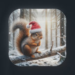 Christmas Squirrel On Snowy Tree Branch Paper Plate<br><div class="desc">A squirrel wearing a Santa hat is perched on a snow-covered branch in a wintry forest,  with sunlight filtering through the trees</div>