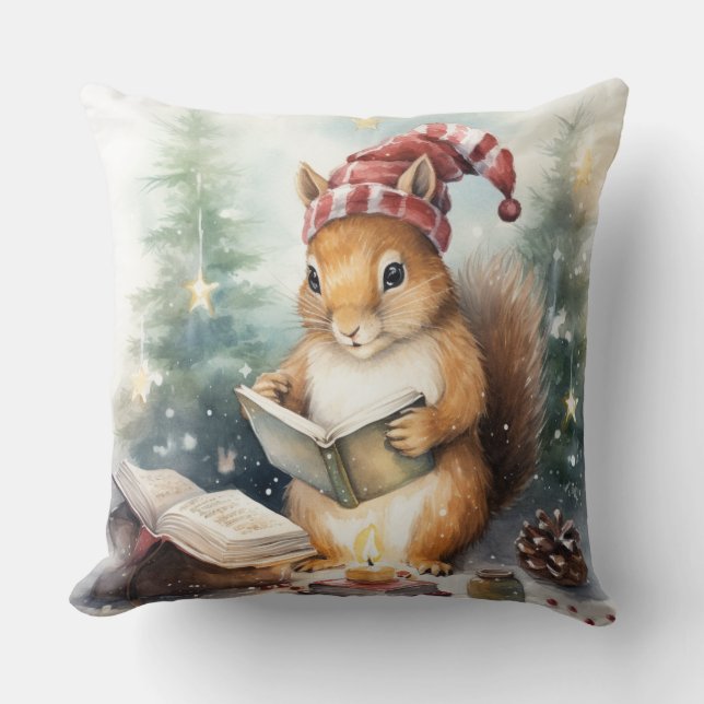 Christmas Squirrel reading Cushion (Front)