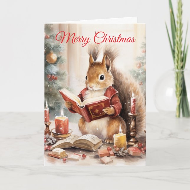 Christmas Squirrel reading Holiday Card (Front)