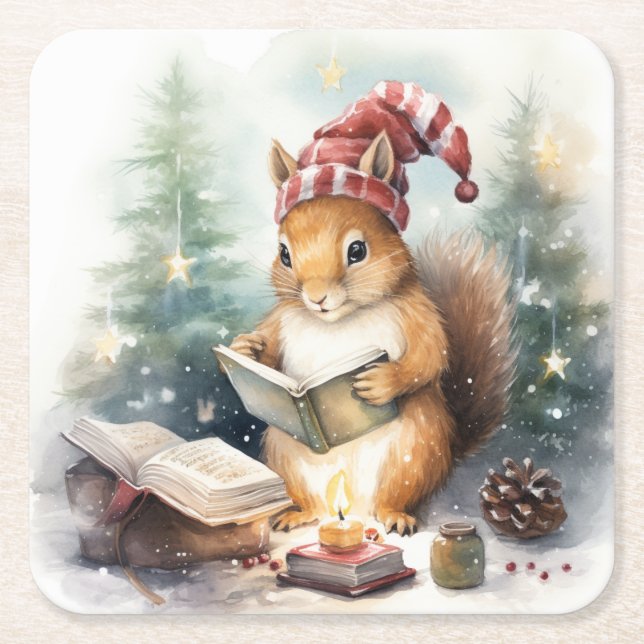 Christmas Squirrel reading Square Paper Coaster (Front)