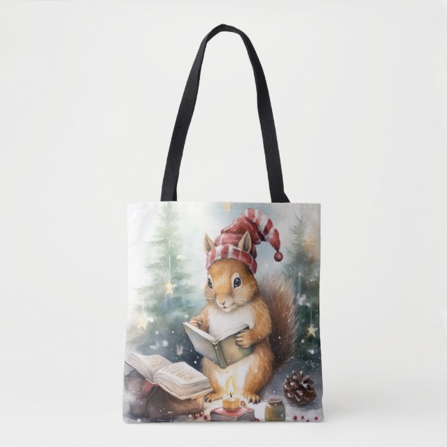 Christmas Squirrel reading Tote Bag (Front)