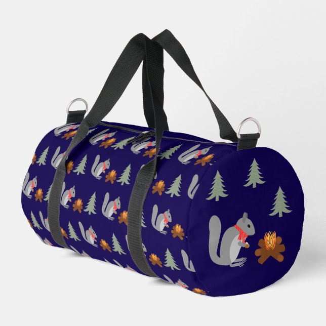 Christmas Squirrel Roasting Hazelnuts on Log Fire Duffle Bag (Left Corner)
