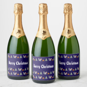 Christmas Squirrel Roasting Hazelnuts on Log Fire Sparkling Wine Label