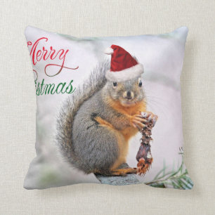 Christmas Squirrel Wearing Santa Claus Hat Cushion