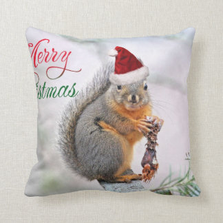 Christmas Squirrel Wearing Santa Claus Hat Cushion