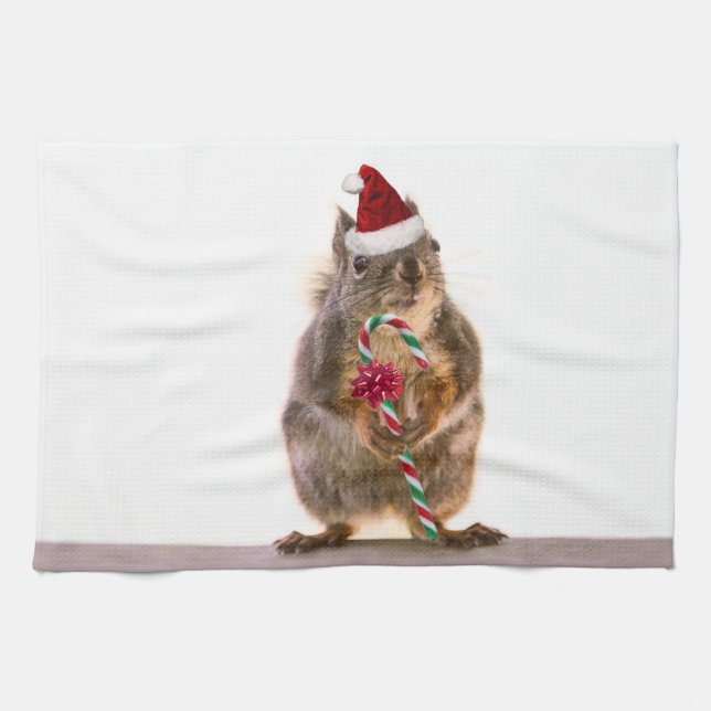 Christmas Squirrel with Candy Cane Tea Towel (Horizontal)
