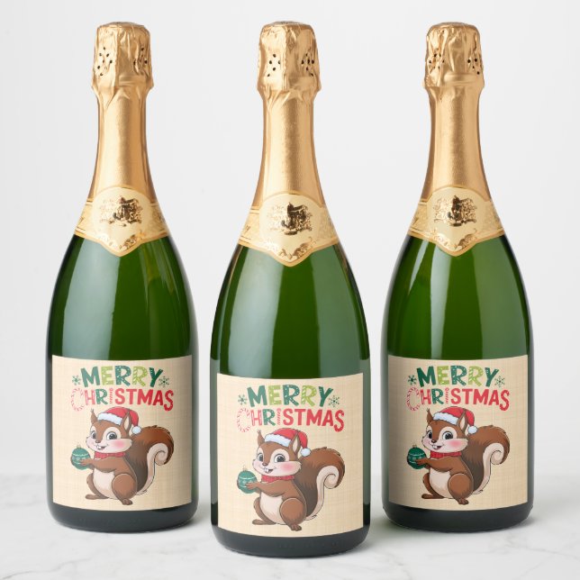 Christmas squirrel with Christmas ball Sparkling Wine Label (Bottles)